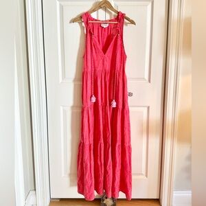 OMIKA Paola Boho Resort Coral Pink Sleeveless Tiered Maxi Dress W/ Tassels S